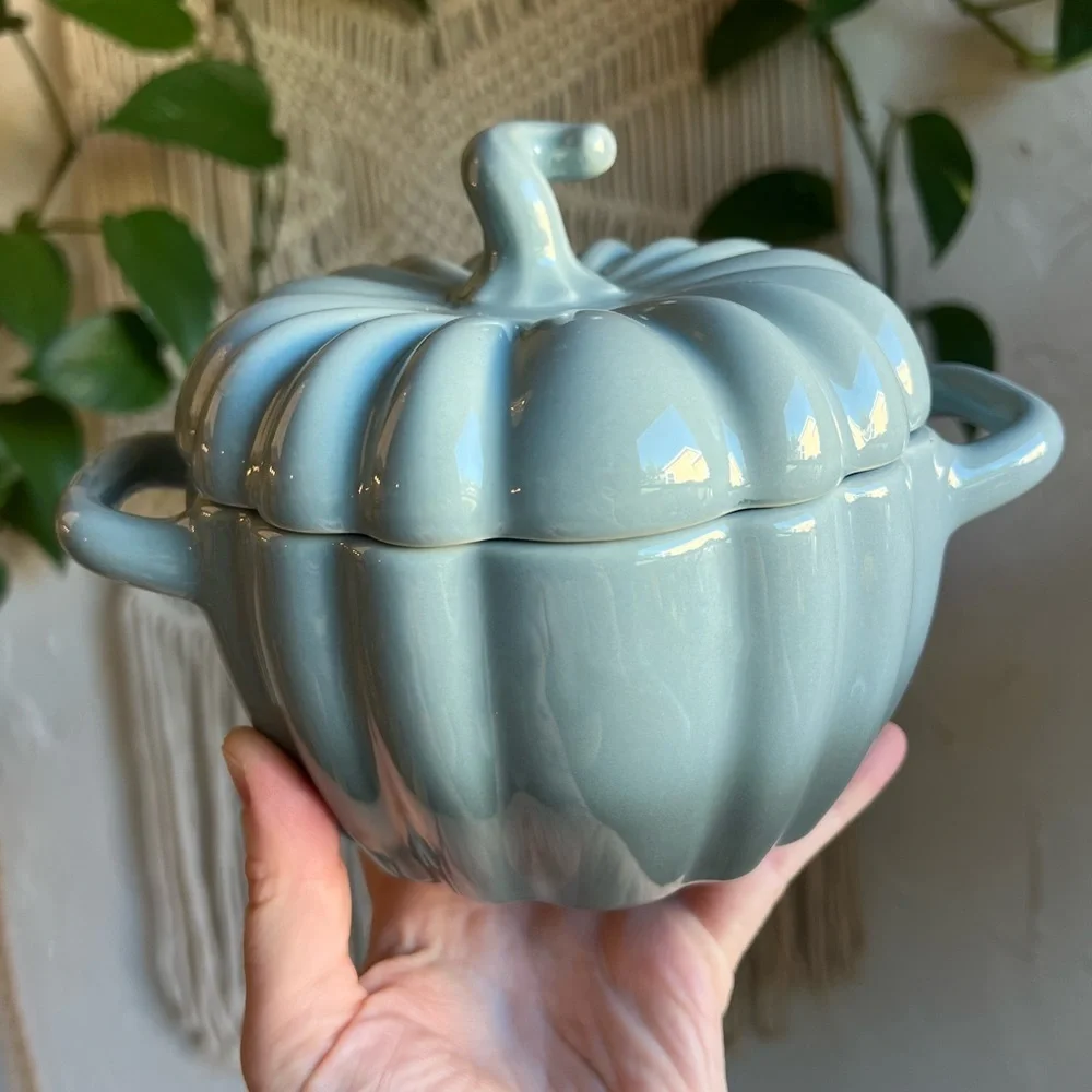 Crofton Pumpkin Cocotte – Blue Stoneware Mini Casserole Dish Fall Kitchenware